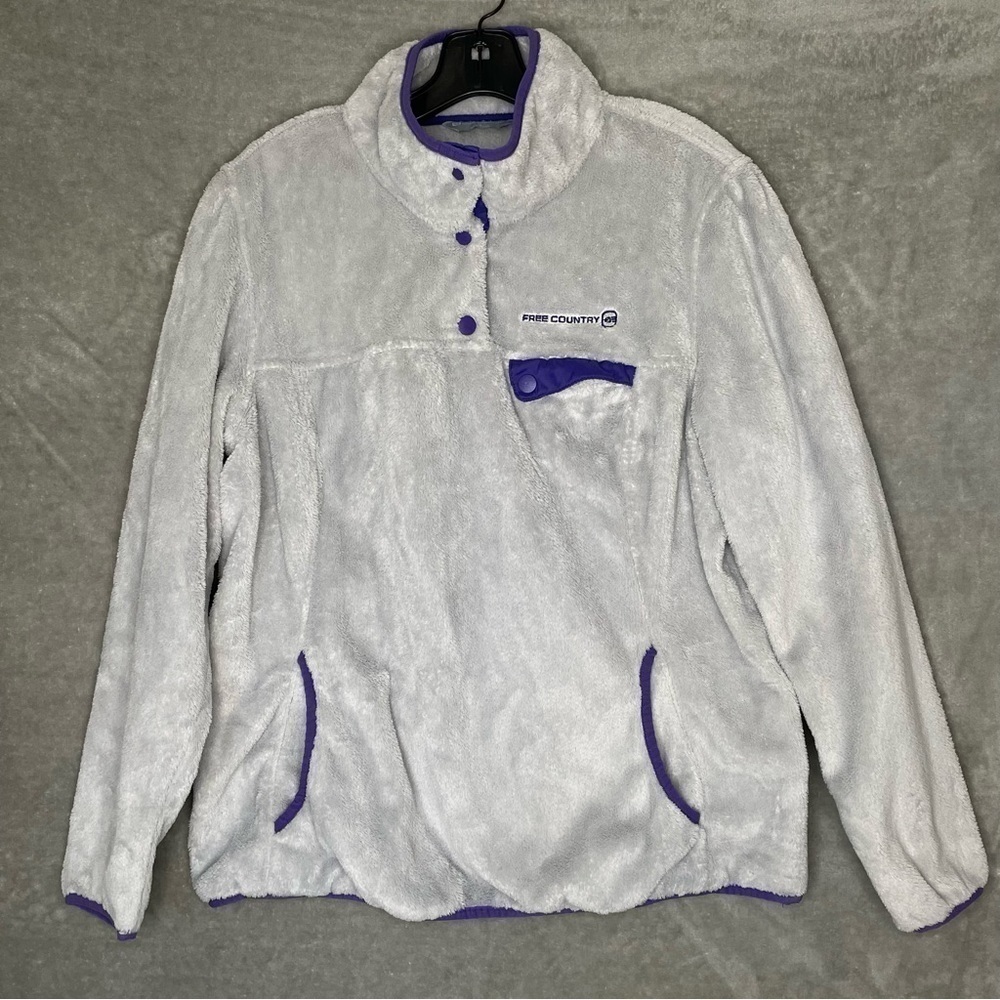Free Country Womens XL Gray Purple Butter Pile Fleece Snap Pullover Jacket Warm